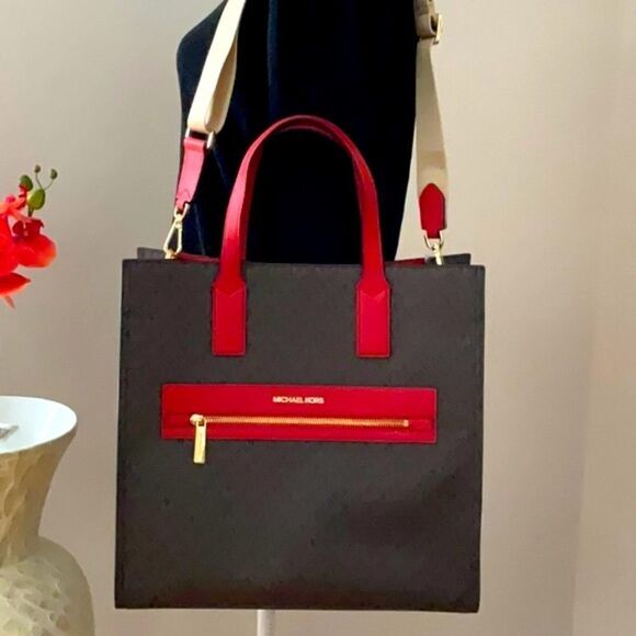 MICHAEL KORS NWT KENLY FLAME RED BROWN SIGNATURE LARGE TOTE CROSSBODY BAG - Picture 7 of 12